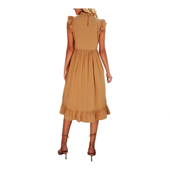 Smock Dress‎ Mock Neck Ruffle Trim Camel Flounce Cap Sleeve Women Size Large - Picture 2 of 10
